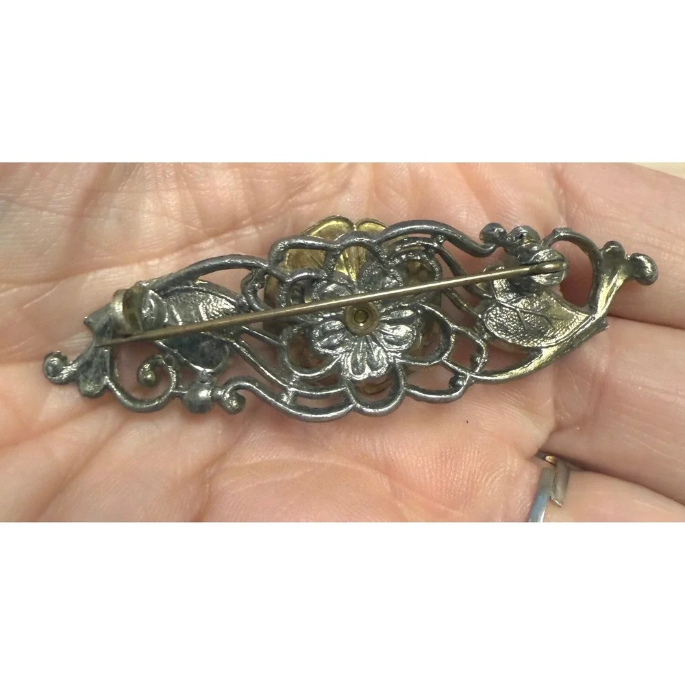 Vintage Floral Bar Brooch Enamel Flower Pink Rhinestone Antiqued Gold Tone 2